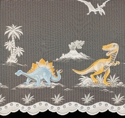 záclona Dinosauři kolorovaná detail oranžová a modrá