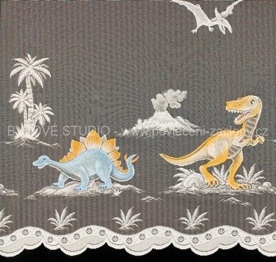 záclona Dinosauři kolorovaná detail oranžová a modrá
