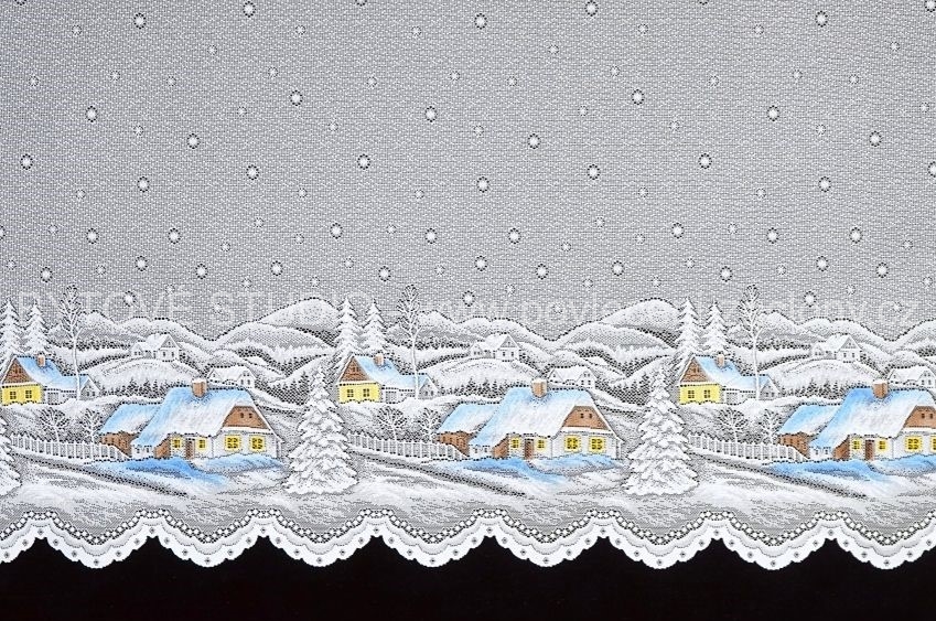 Záclona vánoční metráž ZIMNÍ CHALOUPKY kolor výška 180cm 